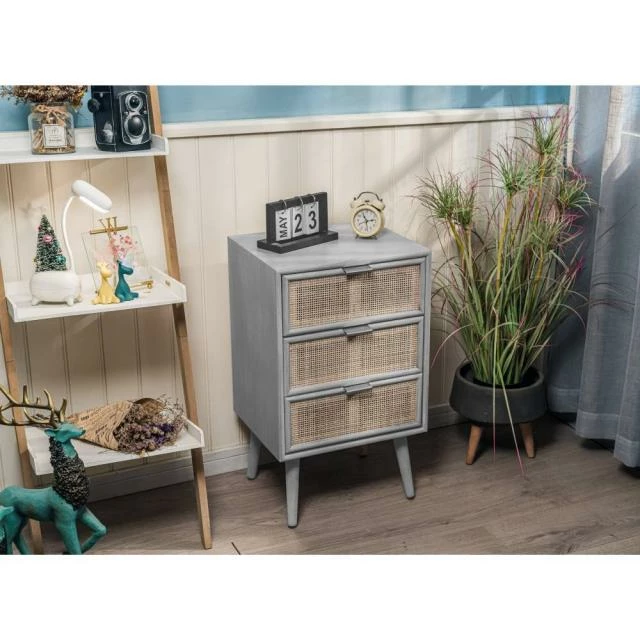 Grosses soldes ???? Commode Grise Chiffonnier Scand.en Bois 3 Tiroirs Cannage Rotin 42 X 36 X 71 Cm ???? 2 Grosses soldes ???? Commode Grise Chiffonnier Scand.en Bois 3 Tiroirs Cannage Rotin 42 X 36 X 71 Cm ???? – Image 2