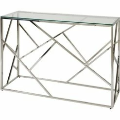 Sortie ❤️ Console Gris - Plateau Verre Pieds Métal 120 X 40 Cm ????