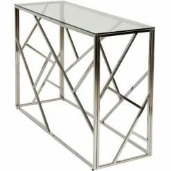 Sortie ❤️ Console Gris - Plateau Verre Pieds Métal 120 X 40 Cm ???? -Buffets Shop console gris plateau verre pieds metal 120 x 40 cm 04