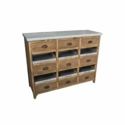 Promo ???? Meuble De Service à 9 Tiroirs Bois Ciré Et 6 Tiroirs Zinc L114,5xP40,5xH50 ????